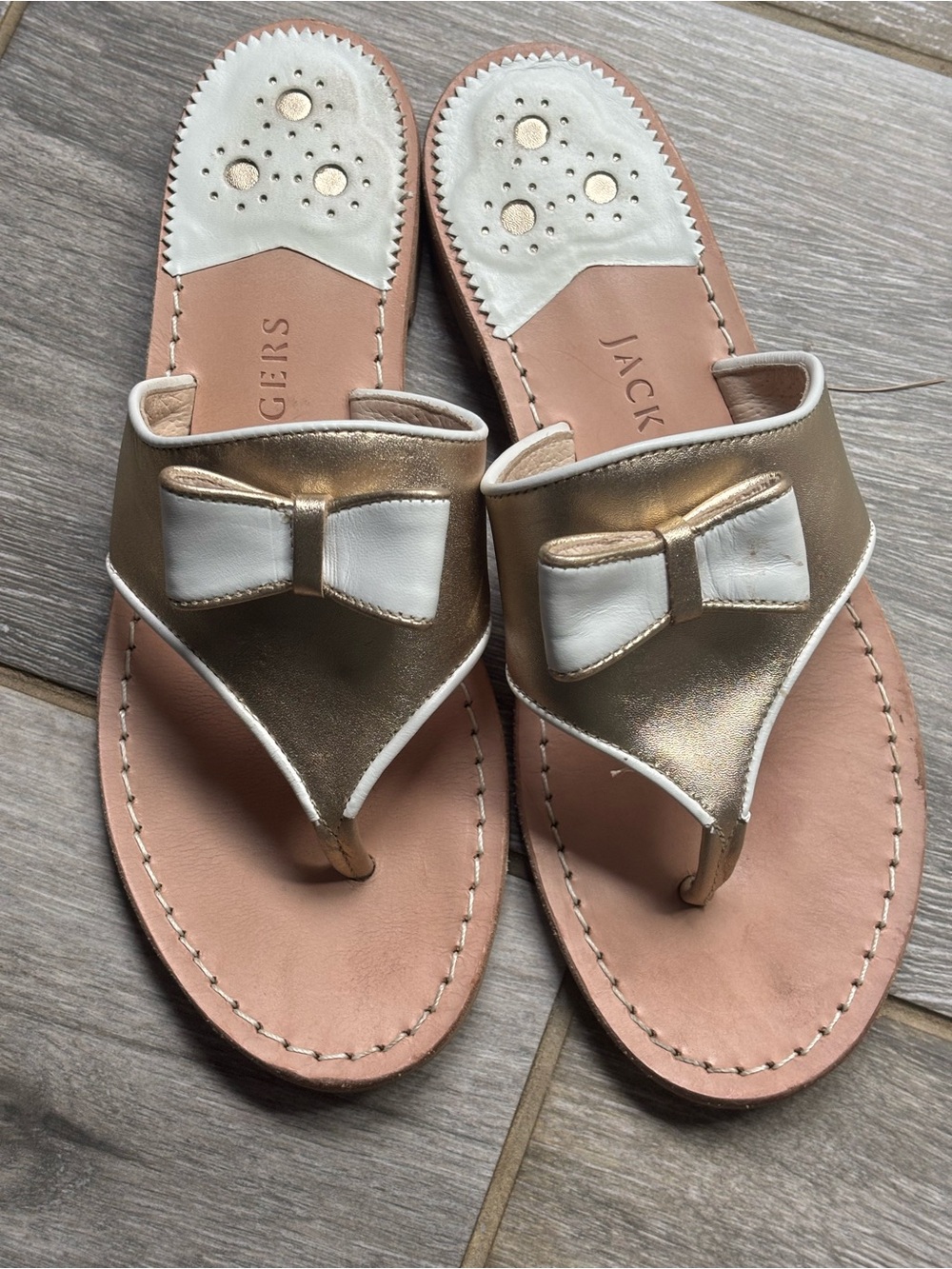 Jack Rogers Gold and White Bow Thong Sandals